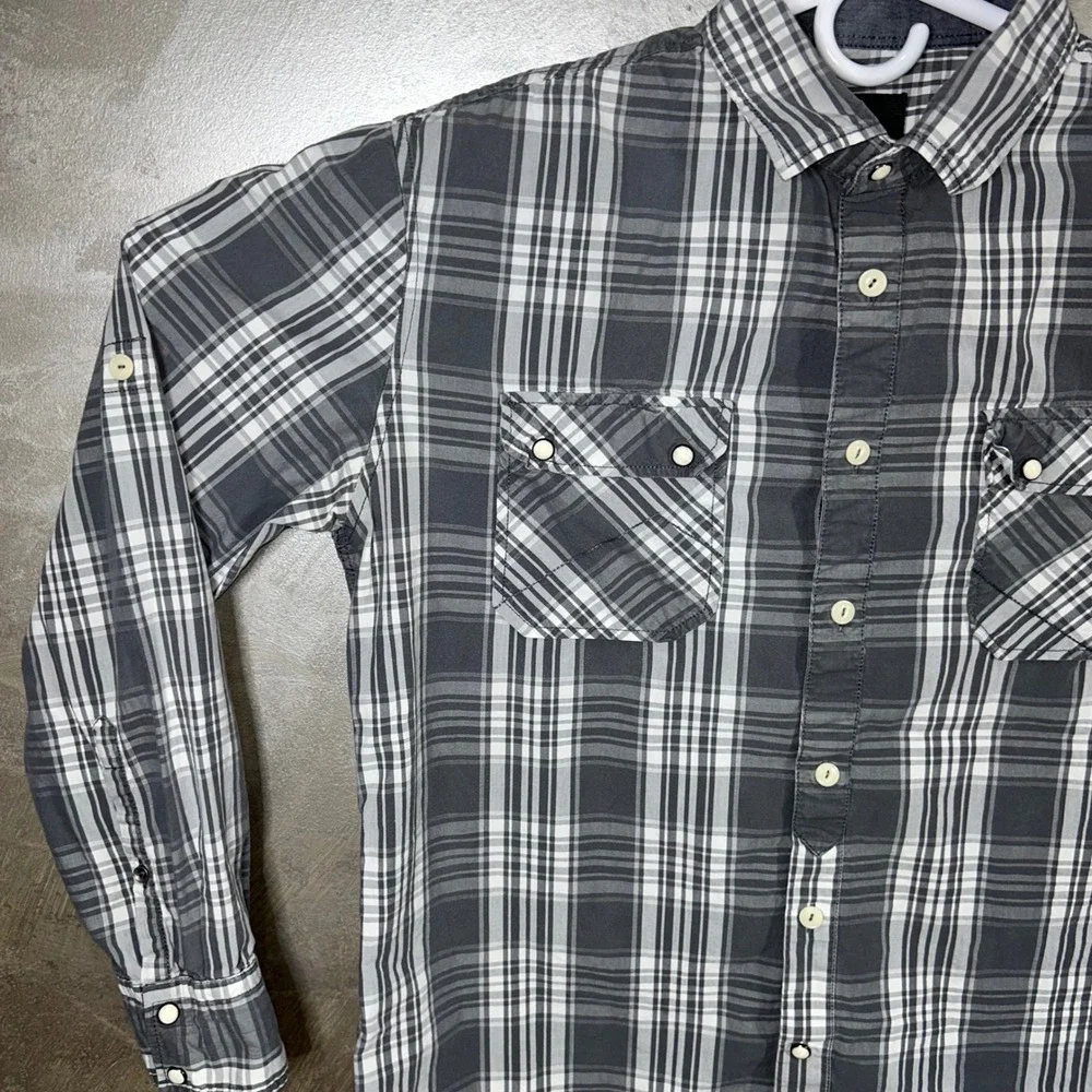 Soviet Men's XL‎ Plaid Button Up Shirt Long Sleeve Gray Western Pockets Pearl